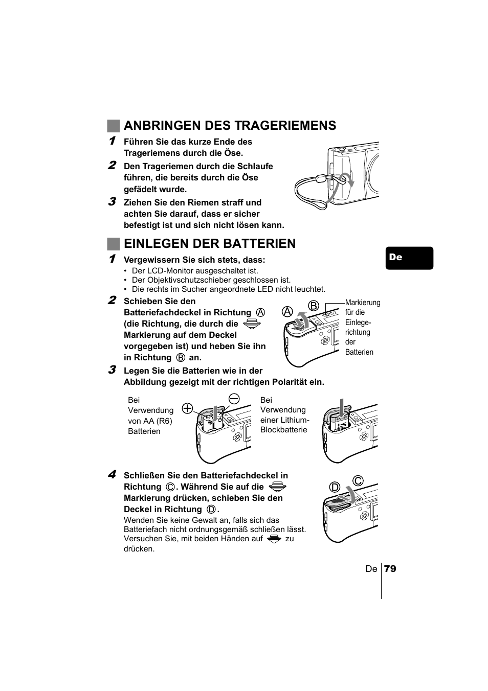 Janbringen des trageriemens, Jeinlegen der batterien | Olympus C-220 Zoom User Manual | Page 79 / 180