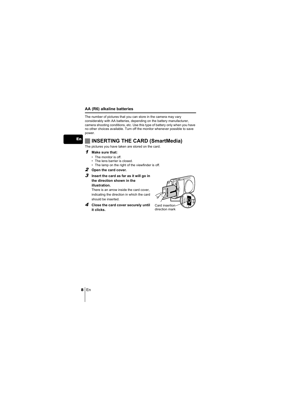 Jinserting the card (smartmedia) | Olympus C-220 Zoom User Manual | Page 8 / 180