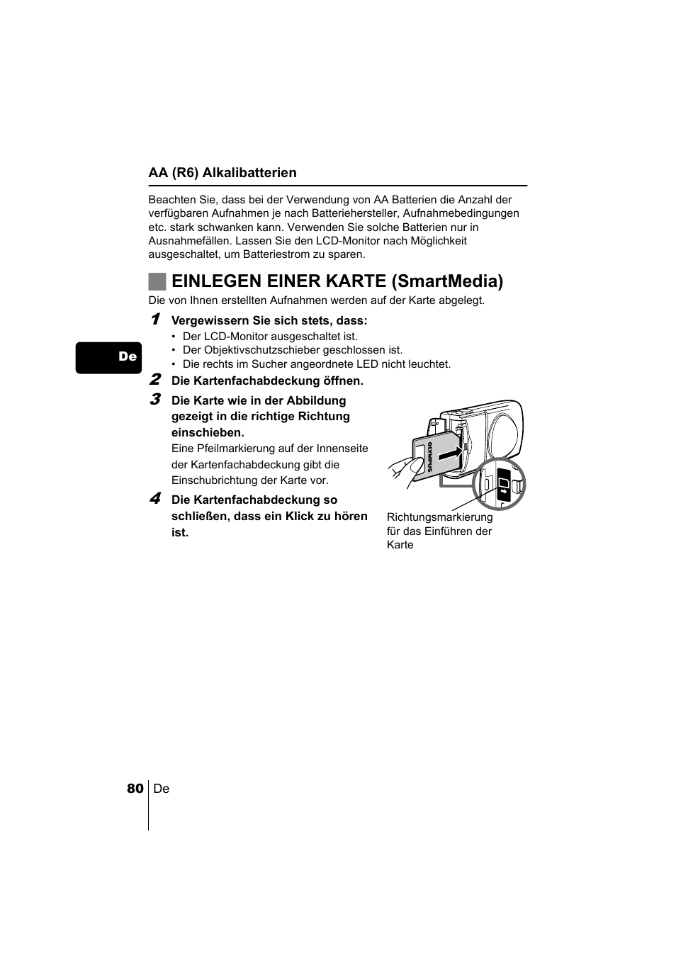 Jeinlegen einer karte (smartmedia) | Olympus C-220 Zoom User Manual | Page 80 / 180