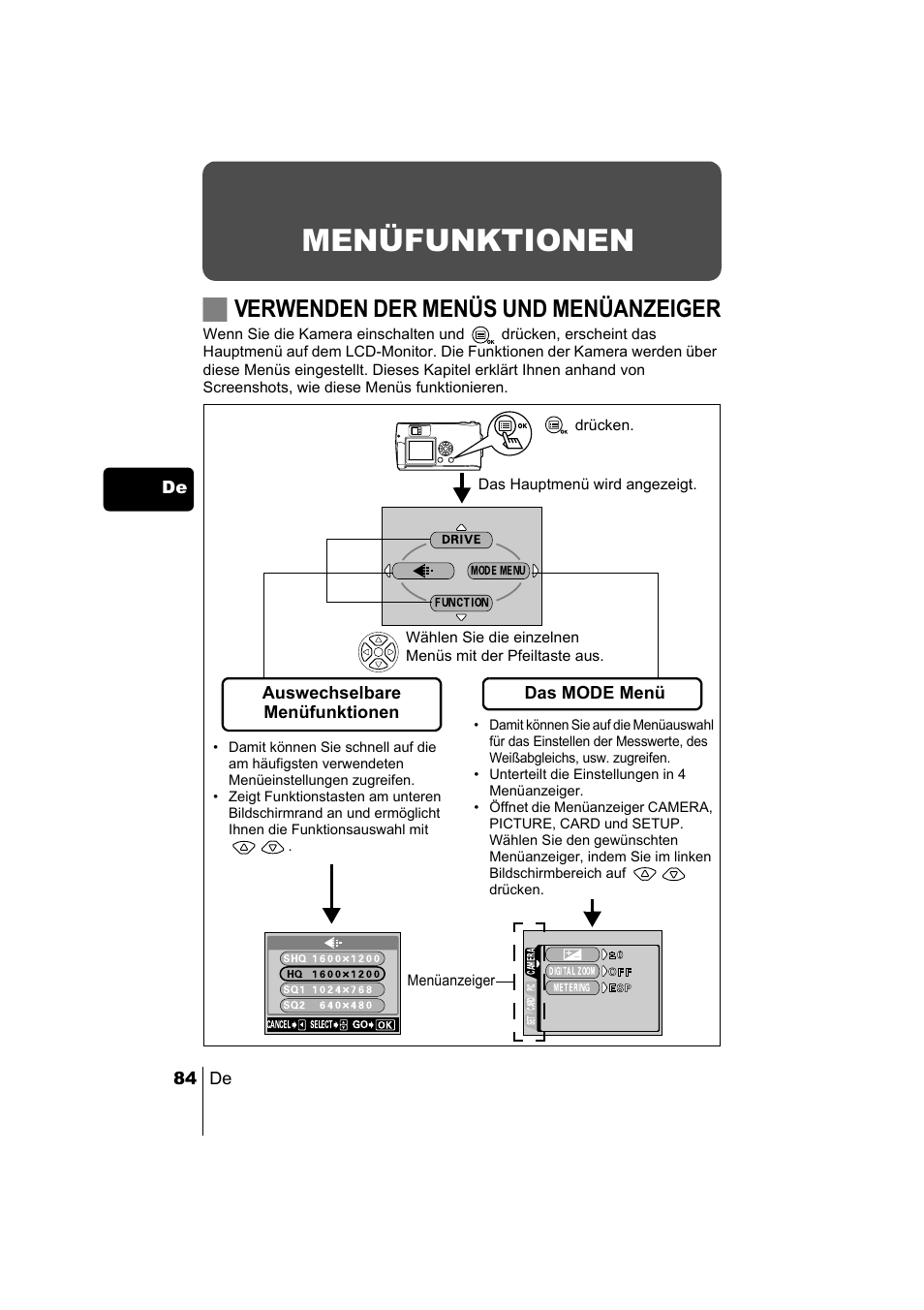 Menüfunktionen, Jverwenden der menüs und menüanzeiger, 84 de de | Auswechselbare menüfunktionen, Das mode menü | Olympus C-220 Zoom User Manual | Page 84 / 180