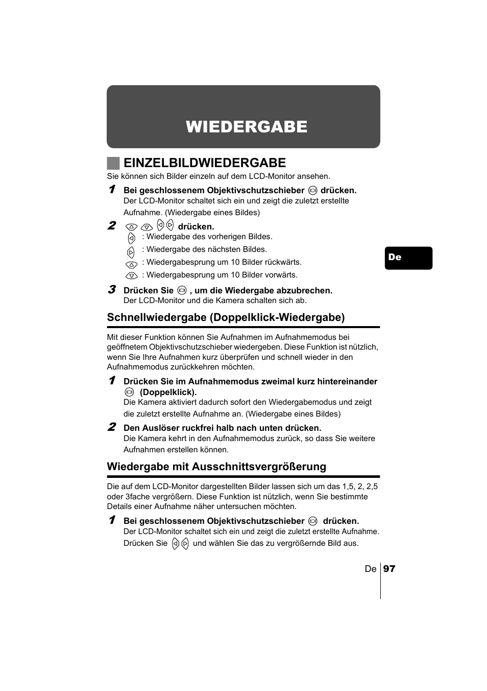 Wiedergabe, Jeinzelbildwiedergabe | Olympus C-220 Zoom User Manual | Page 97 / 180