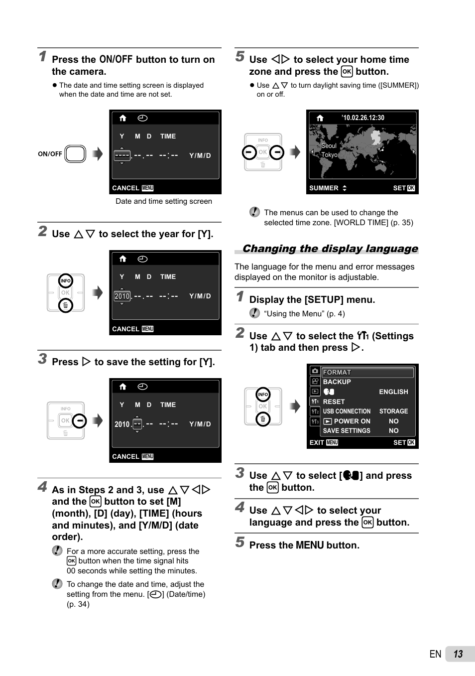 13 en, Changing the display language | Olympus FE-4030 User Manual | Page 13 / 61