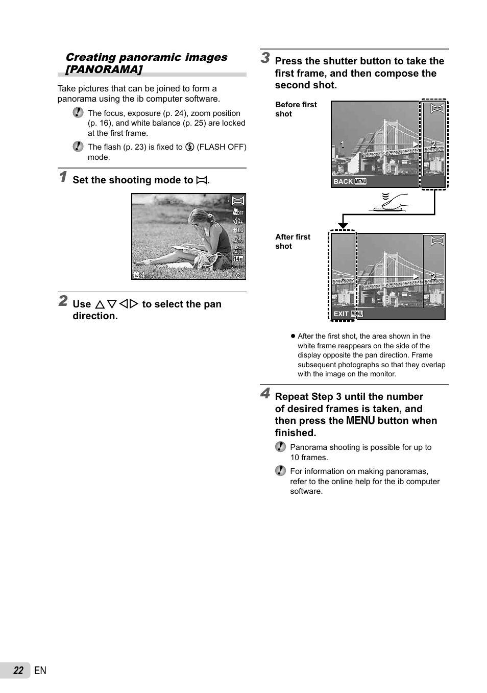 22 en creating panoramic images [panorama | Olympus FE-4030 User Manual | Page 22 / 61