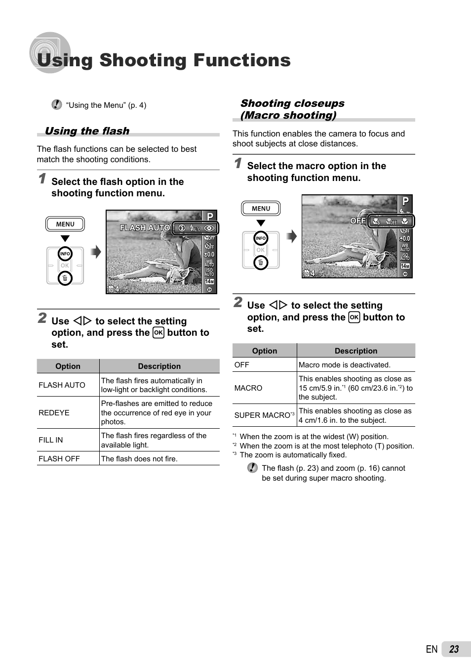 Using shooting functions, 23 en, Shooting closeups (macro shooting) | Using the fl ash | Olympus FE-4030 User Manual | Page 23 / 61