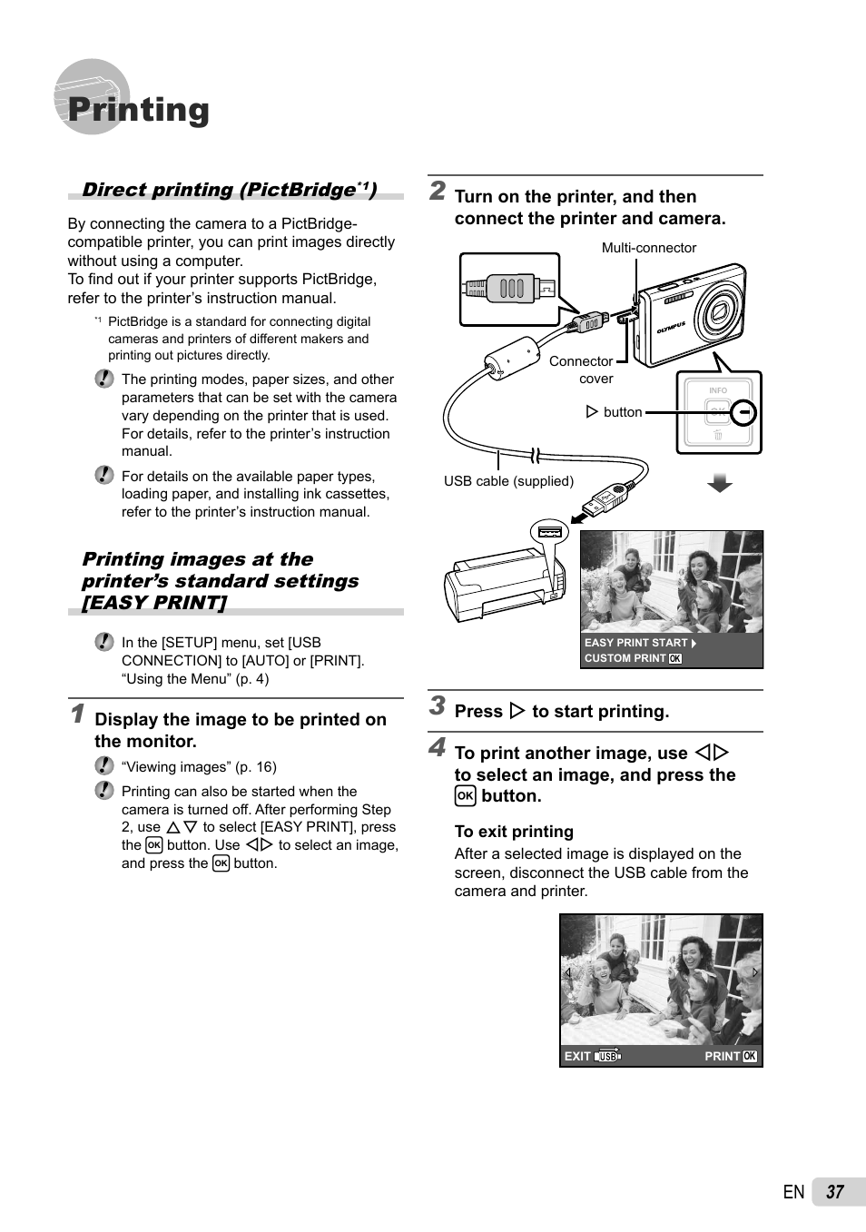Printing, 37 en, Direct printing (pictbridge | Olympus FE-4030 User Manual | Page 37 / 61