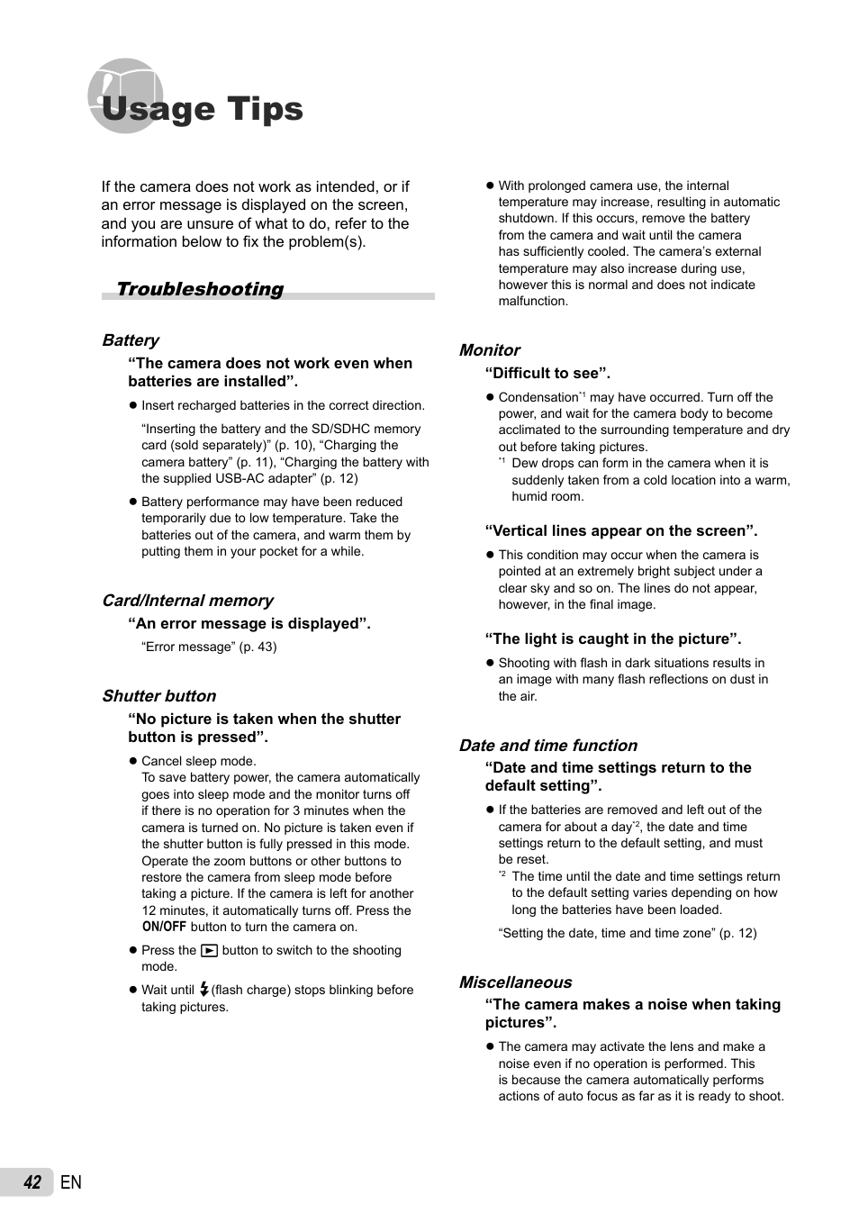 Usage tips, 42 en, Troubleshooting | Olympus FE-4030 User Manual | Page 42 / 61