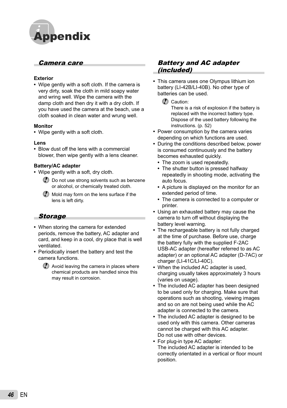 Appendix, 46 en, Battery and ac adapter (included) | Camera care, Storage | Olympus FE-4030 User Manual | Page 46 / 61