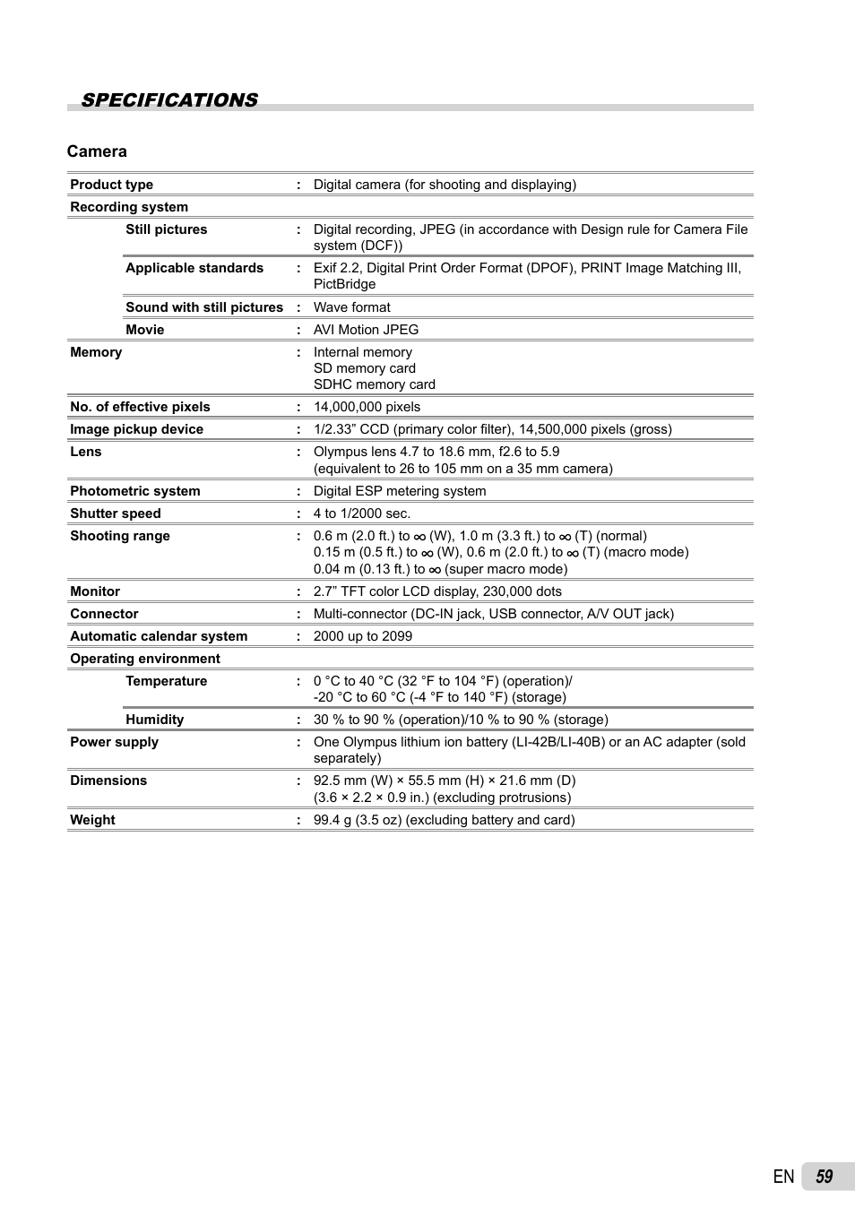 59 en specifications | Olympus FE-4030 User Manual | Page 59 / 61