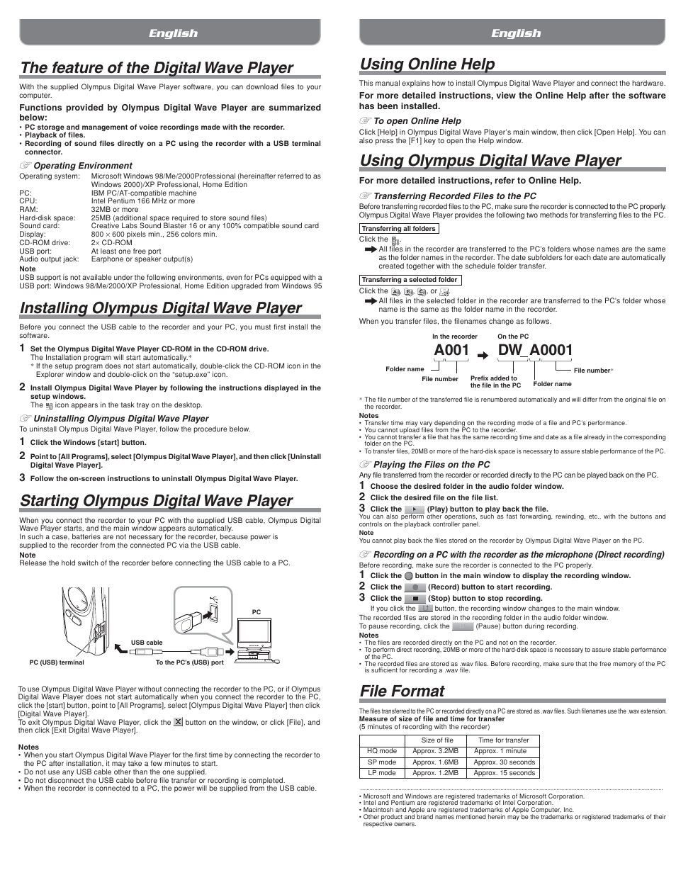 File format, Using online help, Using olympus digital wave player | The feature of the digital wave player, Installing olympus digital wave player, Starting olympus digital wave player, English | Olympus Digital Wave Player VN-120PC User Manual | Page 2 / 4