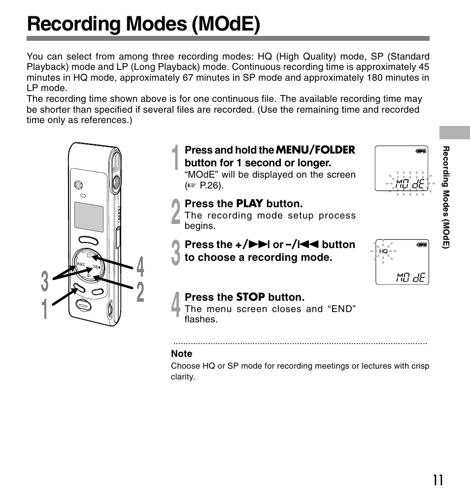 Recording modes (mode) | Olympus W 10 User Manual | Page 11 / 36