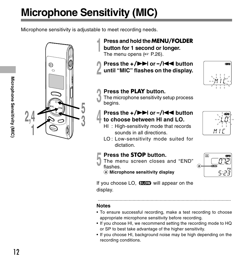 Microphone sensitivity (mic) | Olympus W 10 User Manual | Page 12 / 36