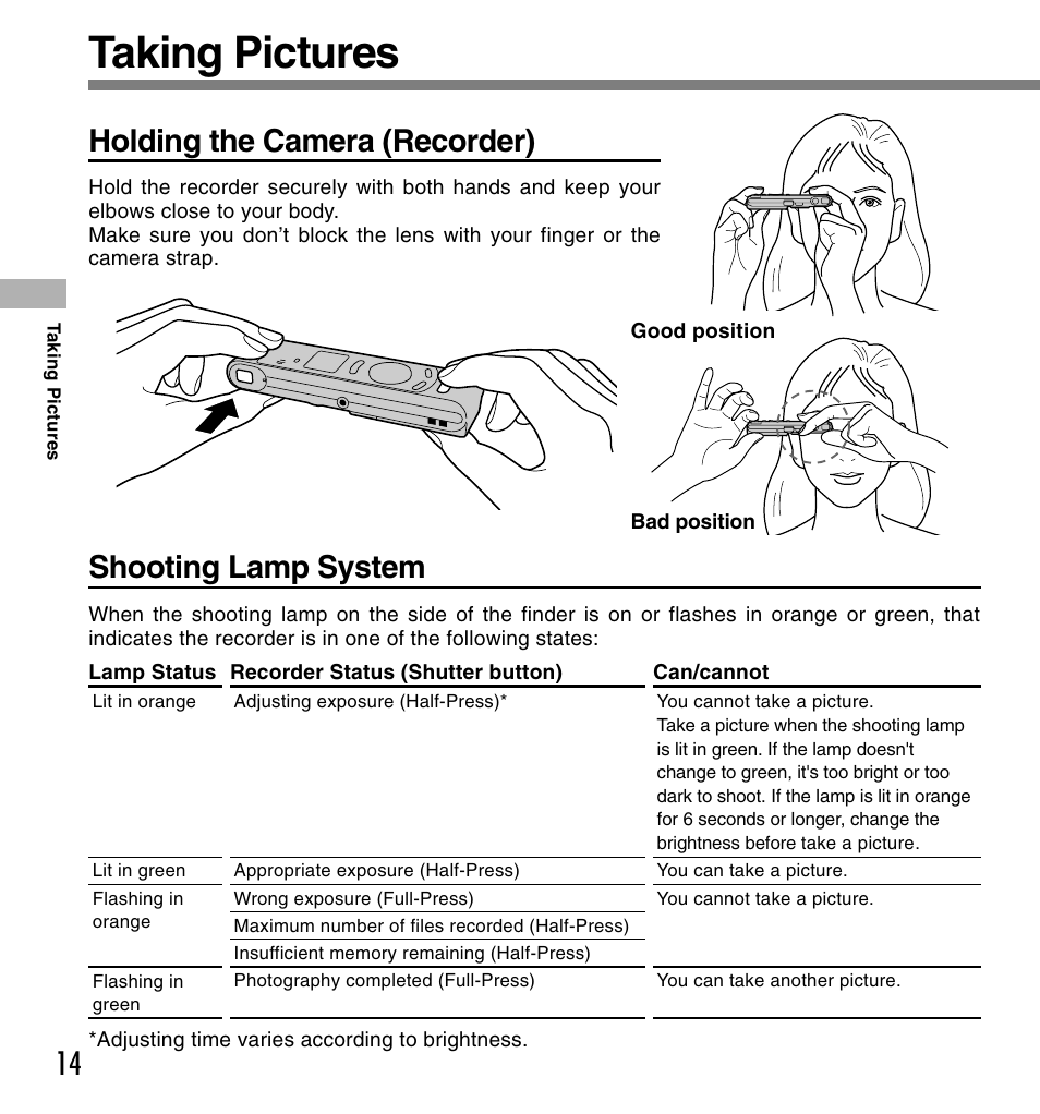 Taking pictures, Holding the camera (recorder), Shooting lamp system | Olympus W 10 User Manual | Page 14 / 36