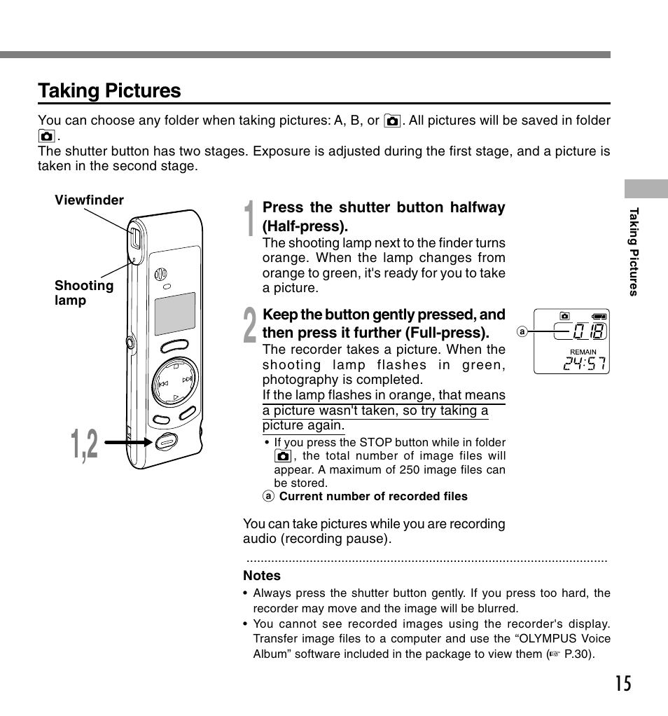 Taking pictures | Olympus W 10 User Manual | Page 15 / 36