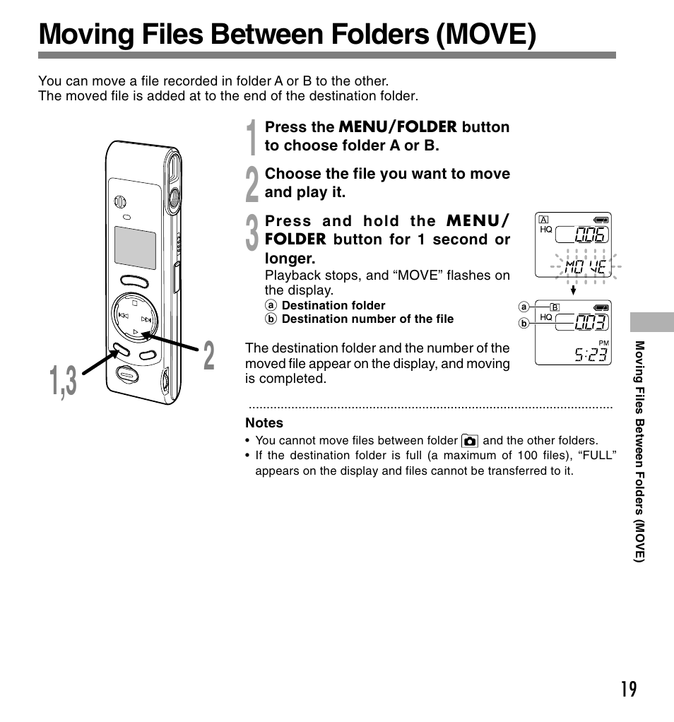Moving files between folders (move) | Olympus W 10 User Manual | Page 19 / 36