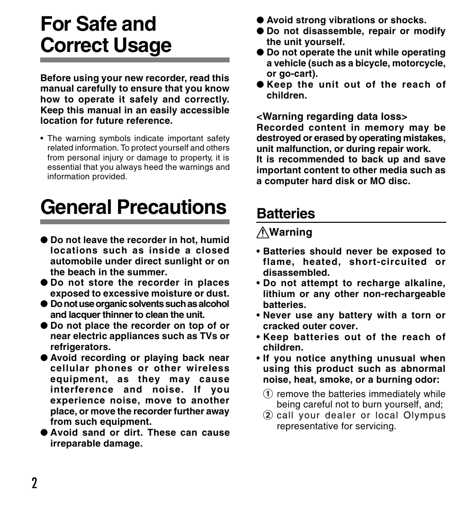 For safe and correct usage, General precautions, Batteries | Olympus W 10 User Manual | Page 2 / 36