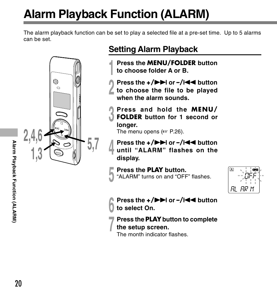 Alarm playback function (alarm) | Olympus W 10 User Manual | Page 20 / 36