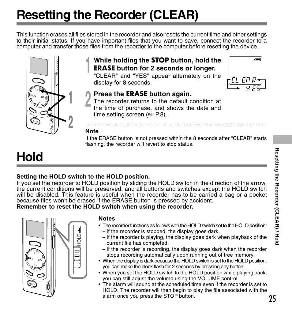 Resetting the recorder (clear), Hold | Olympus W 10 User Manual | Page 25 / 36