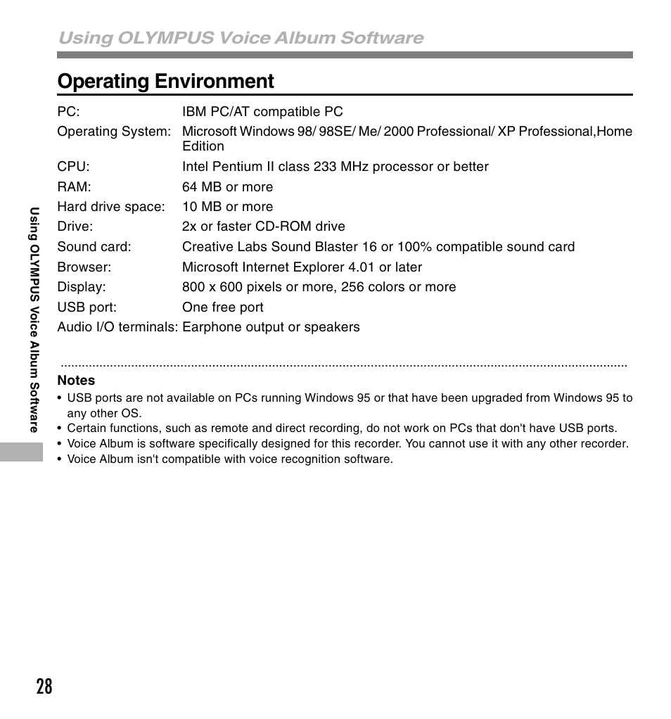 28 operating environment, Using olympus voice album software | Olympus W 10 User Manual | Page 28 / 36