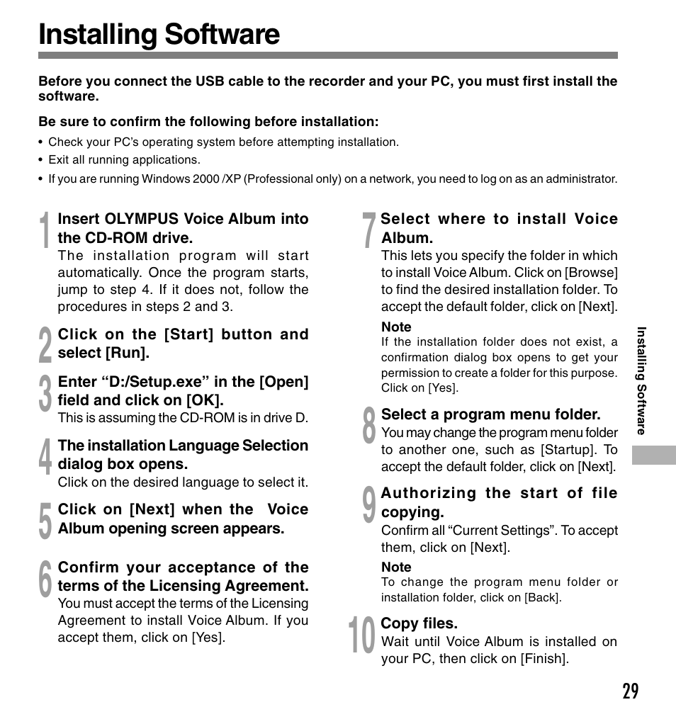 Installing software | Olympus W 10 User Manual | Page 29 / 36