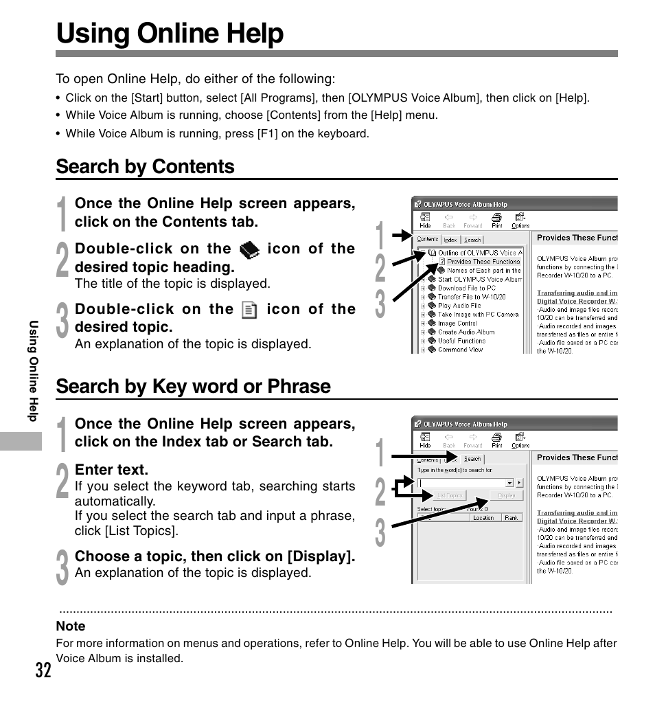 Using online help | Olympus W 10 User Manual | Page 32 / 36