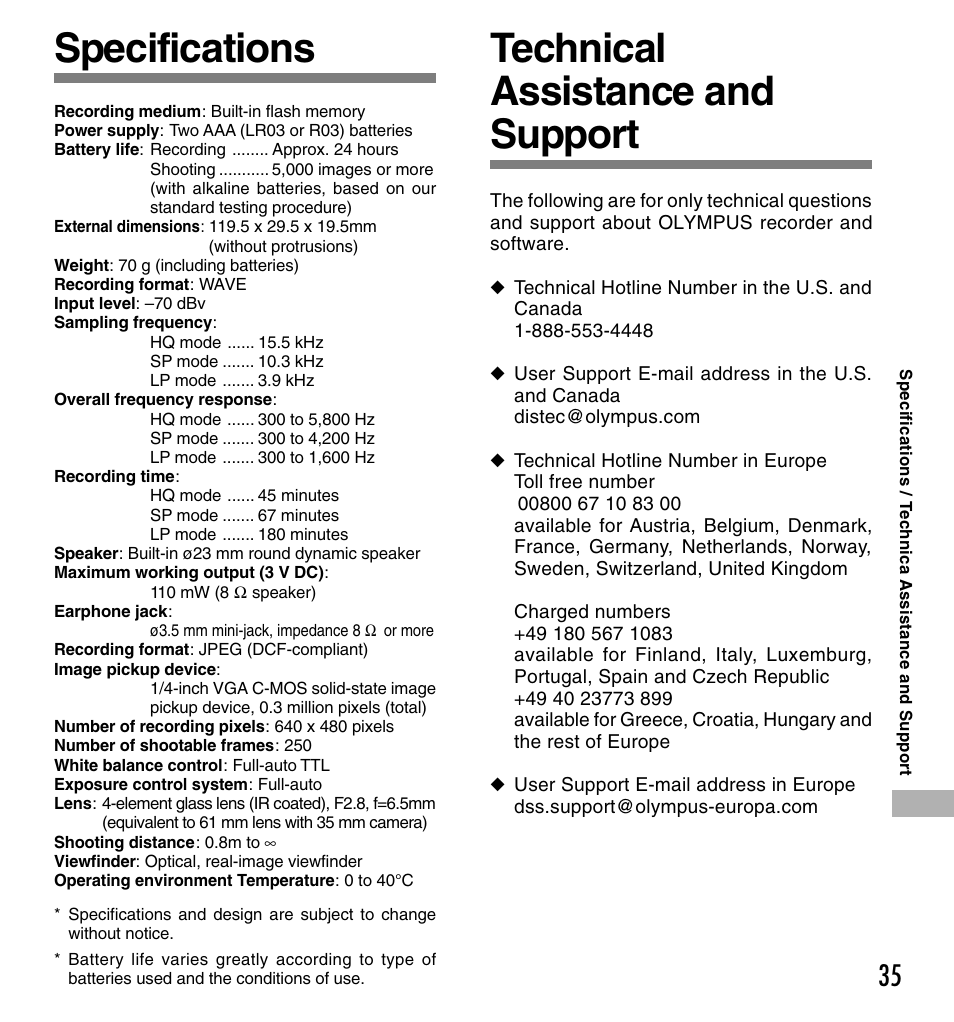Specifications technical assistance and support | Olympus W 10 User Manual | Page 35 / 36