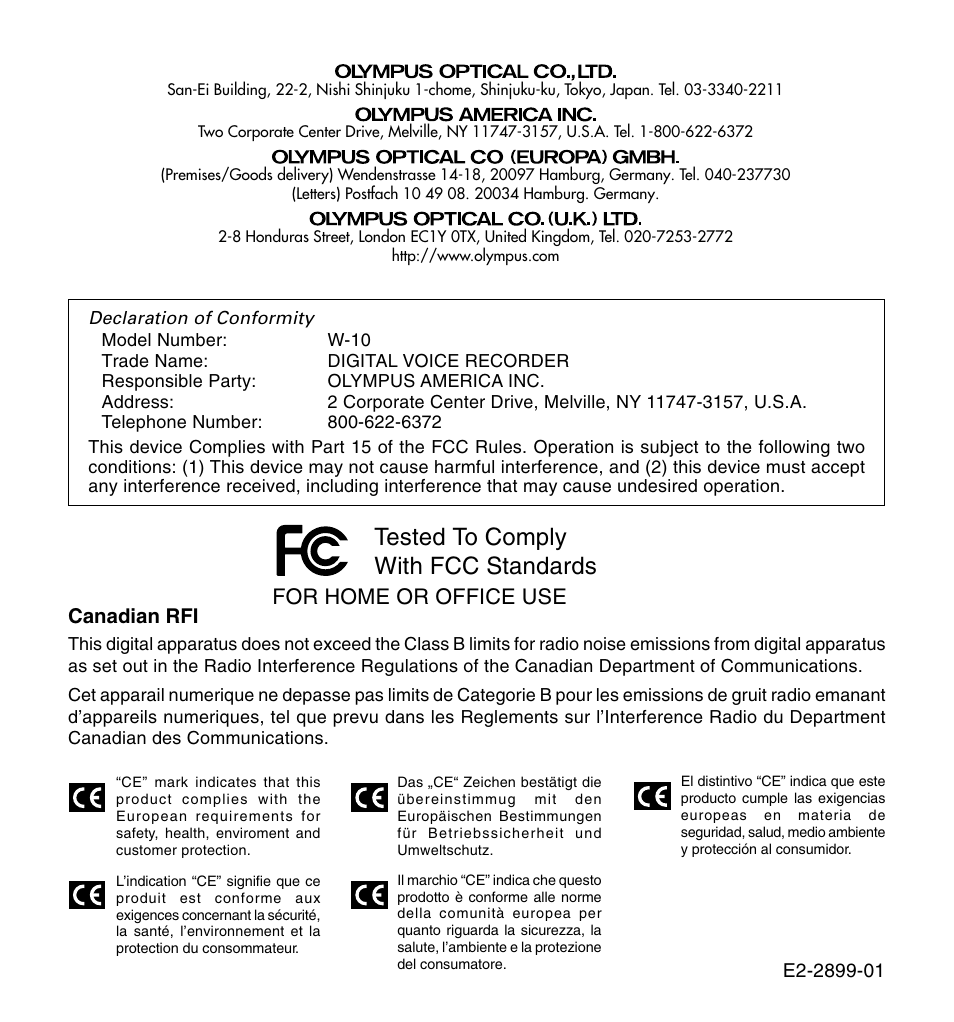Tested to comply with fcc standards, For home or office use | Olympus W 10 User Manual | Page 36 / 36