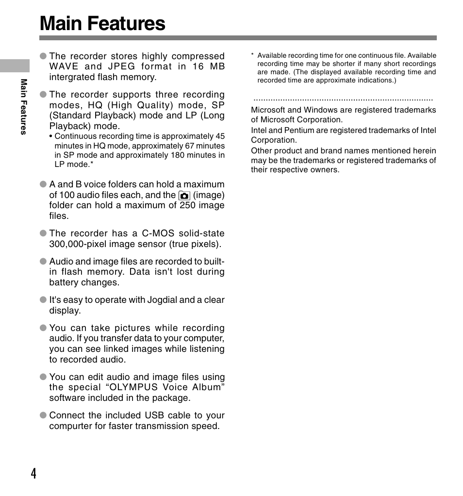 Main features | Olympus W 10 User Manual | Page 4 / 36