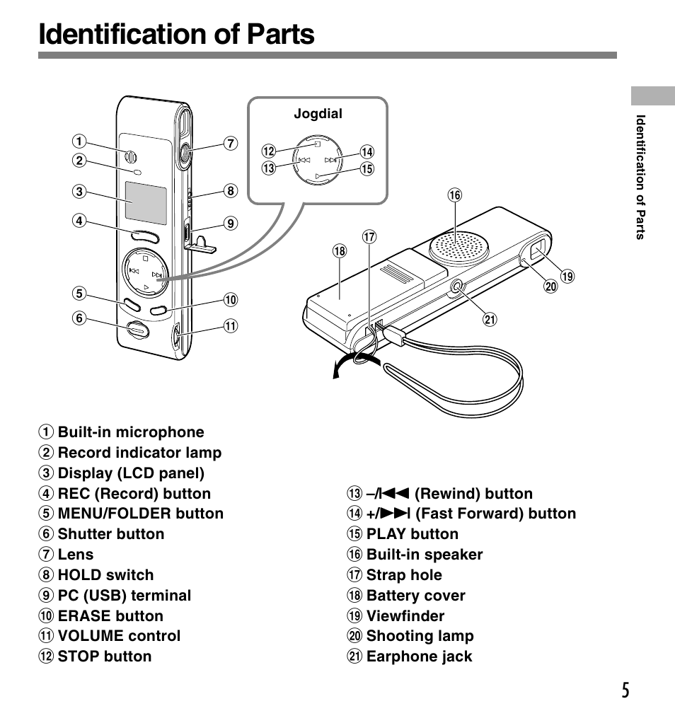 Identification of parts | Olympus W 10 User Manual | Page 5 / 36