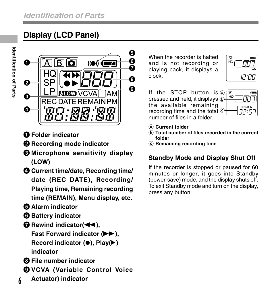 Display (lcd panel), Identification of parts | Olympus W 10 User Manual | Page 6 / 36