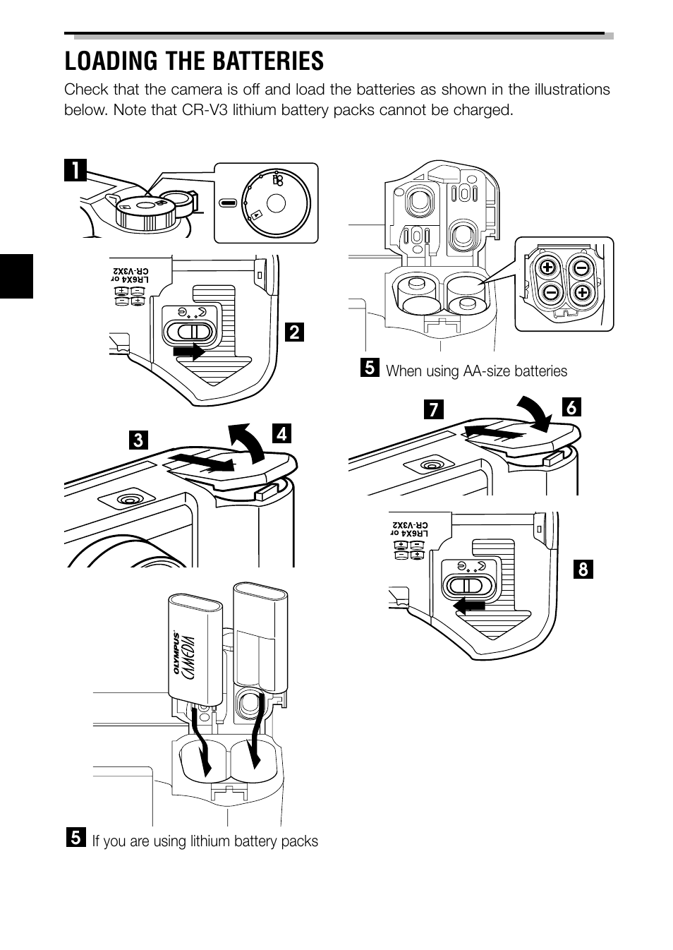 Loading the batteries, When using aa-size batteries, If you are using lithium battery packs | Olympus C-3040ZOOM User Manual | Page 12 / 148