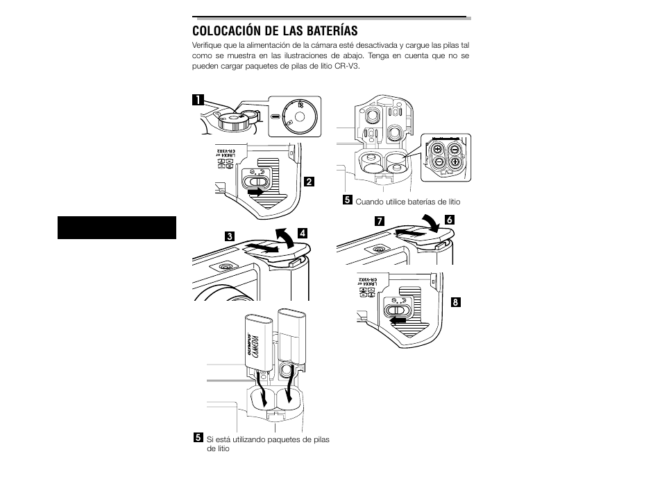 Colocación de las baterías, Cuando utilice baterías de litio, Si está utilizando paquetes de pilas de litio | Olympus C-3040ZOOM User Manual | Page 120 / 148