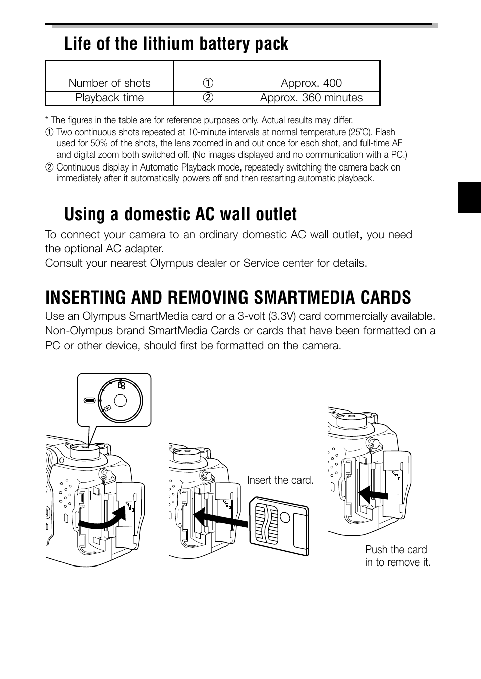 Inserting and removing smartmedia cards, Insert the card. push the card in to remove it | Olympus C-3040ZOOM User Manual | Page 13 / 148