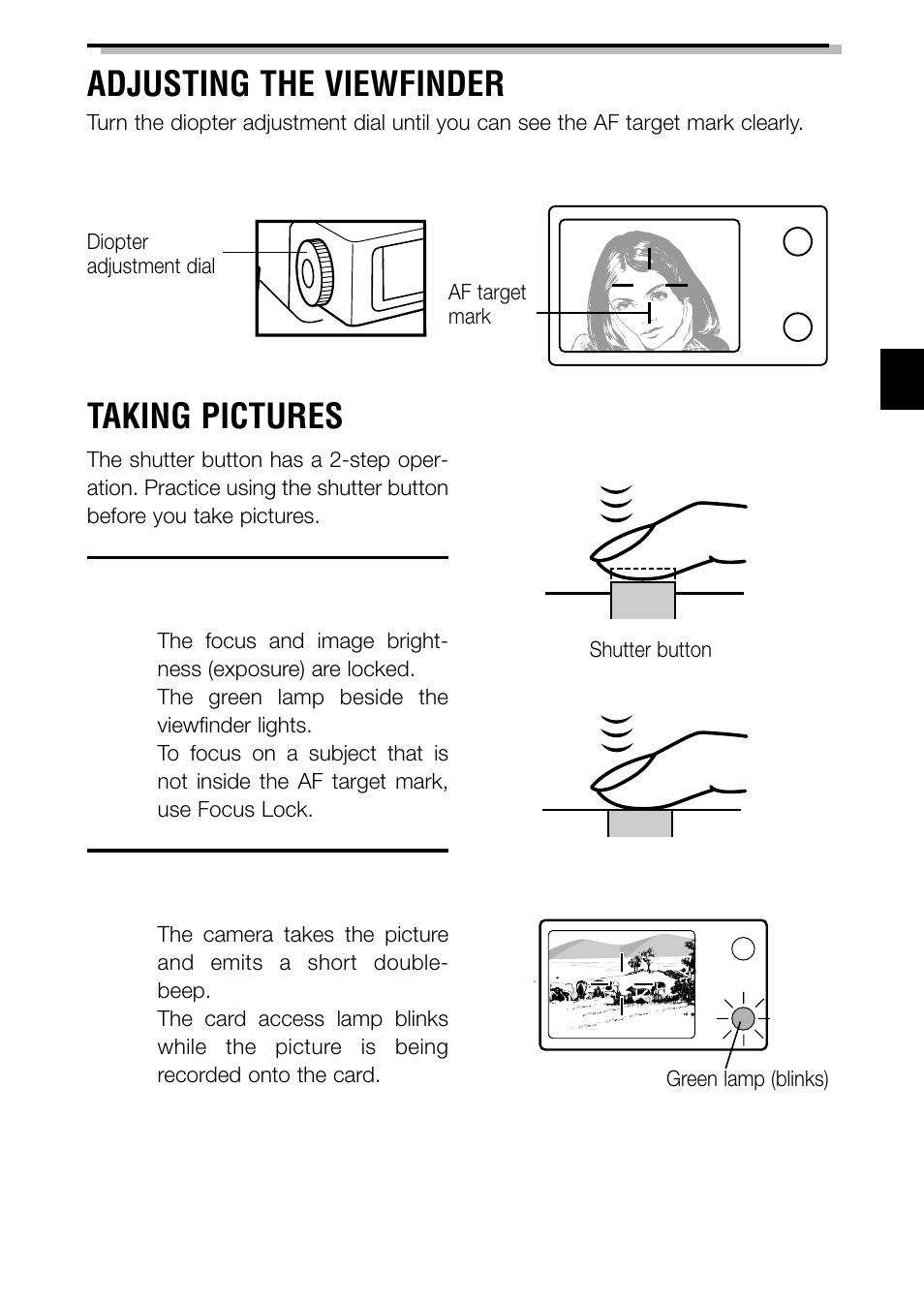 Adjusting the viewfinder, Taking pictures | Olympus C-3040ZOOM User Manual | Page 19 / 148
