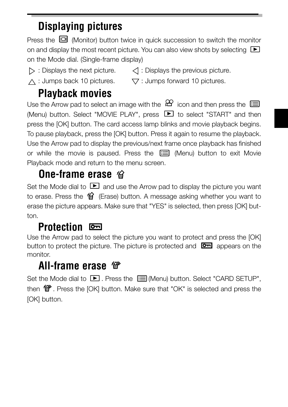Displaying pictures, Playback movies, One-frame erase | Protection, All-frame erase | Olympus C-3040ZOOM User Manual | Page 21 / 148