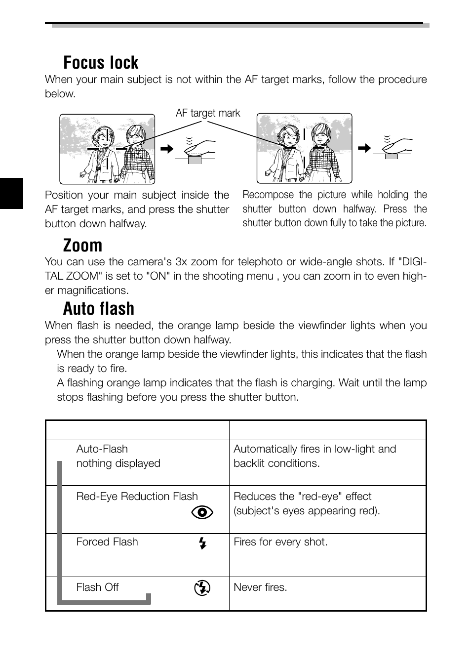 Recording functions ■ focus lock, Zoom, Auto flash | Olympus C-3040ZOOM User Manual | Page 22 / 148