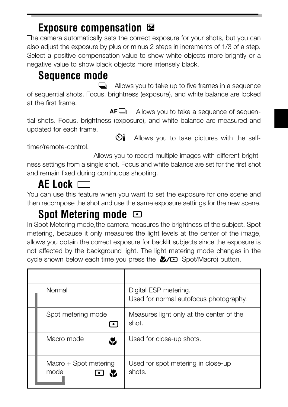 Exposure compensation, Sequence mode, Ae lock | Spot metering mode | Olympus C-3040ZOOM User Manual | Page 23 / 148
