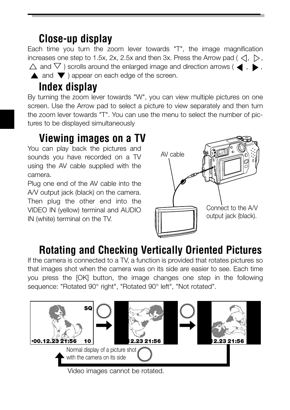 Rotating and checking vertically oriented pictures, Viewing images on a tv, Playback functions ■ close-up display | Index display | Olympus C-3040ZOOM User Manual | Page 24 / 148