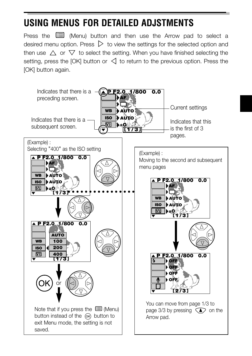 Using menus for detailed adjstments, Selection confirm or | Olympus C-3040ZOOM User Manual | Page 25 / 148