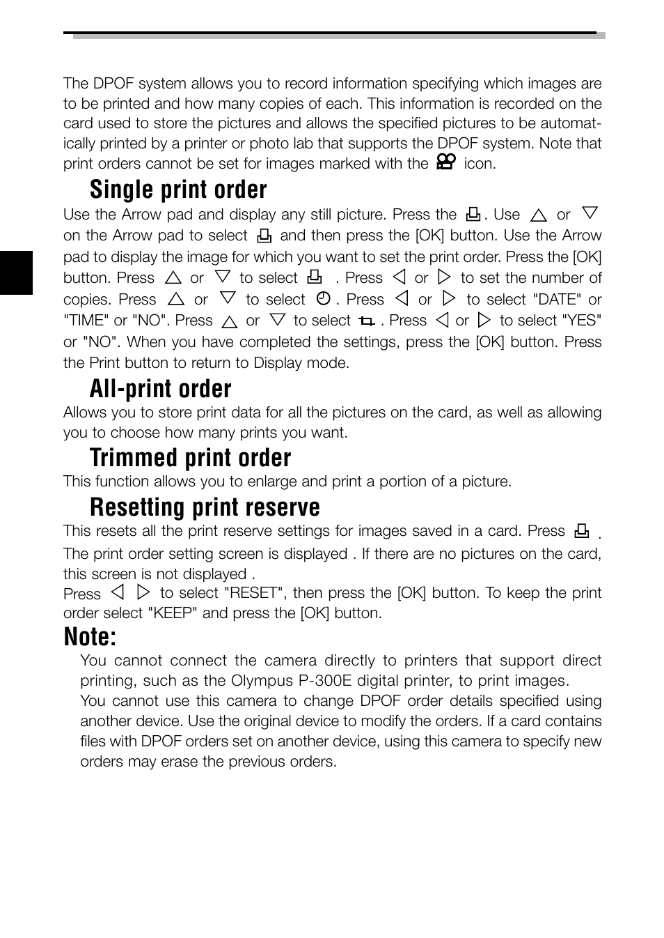 Printing pictures, Single print order, All-print order | Trimmed print order, Resetting print reserve | Olympus C-3040ZOOM User Manual | Page 32 / 148