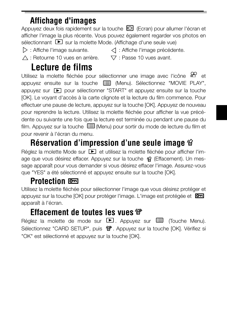Lecture de films, Affichage d'images, Réservation d’impression d’une seule image | Protection, Effacement de toutes les vues | Olympus C-3040ZOOM User Manual | Page 57 / 148