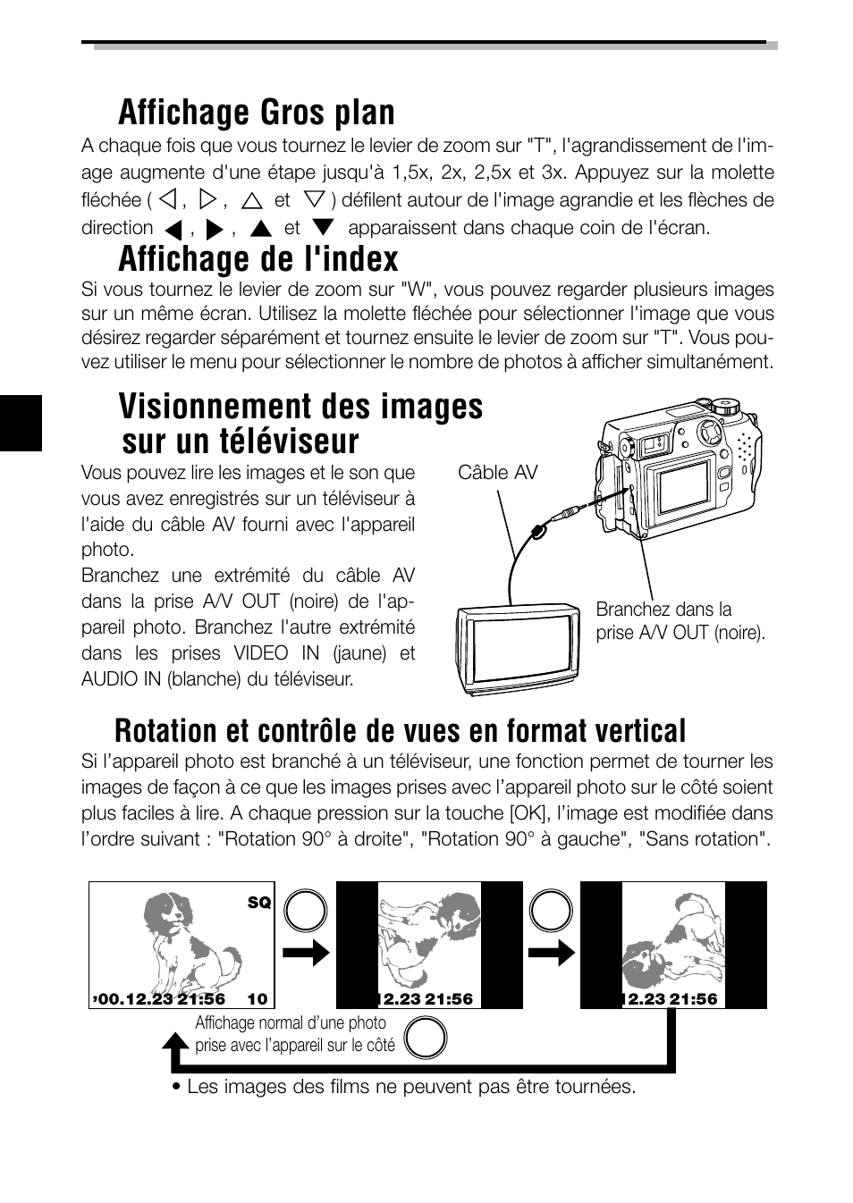 Visionnement des images sur un téléviseur, Affichage gros plan, Affichage de l'index | Rotation et contrôle de vues en format vertical, Functions ecran | Olympus C-3040ZOOM User Manual | Page 60 / 148