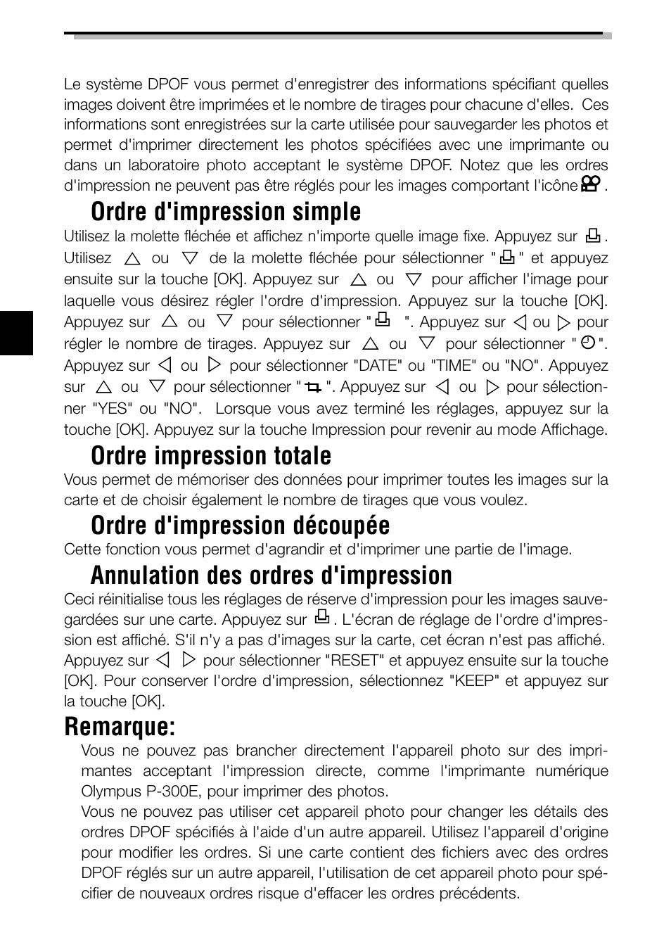 Impression des images, Ordre d'impression simple, Ordre impression totale | Ordre d'impression découpée, Annulation des ordres d'impression, Remarque | Olympus C-3040ZOOM User Manual | Page 68 / 148