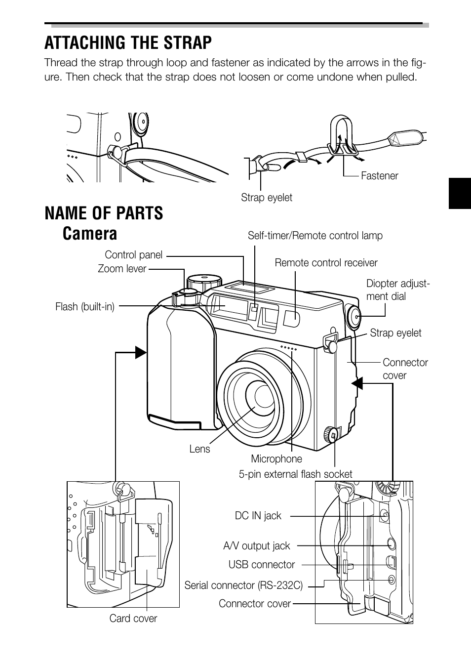 Attaching the strap, Name of parts ■ camera | Olympus C-3040ZOOM User Manual | Page 7 / 148