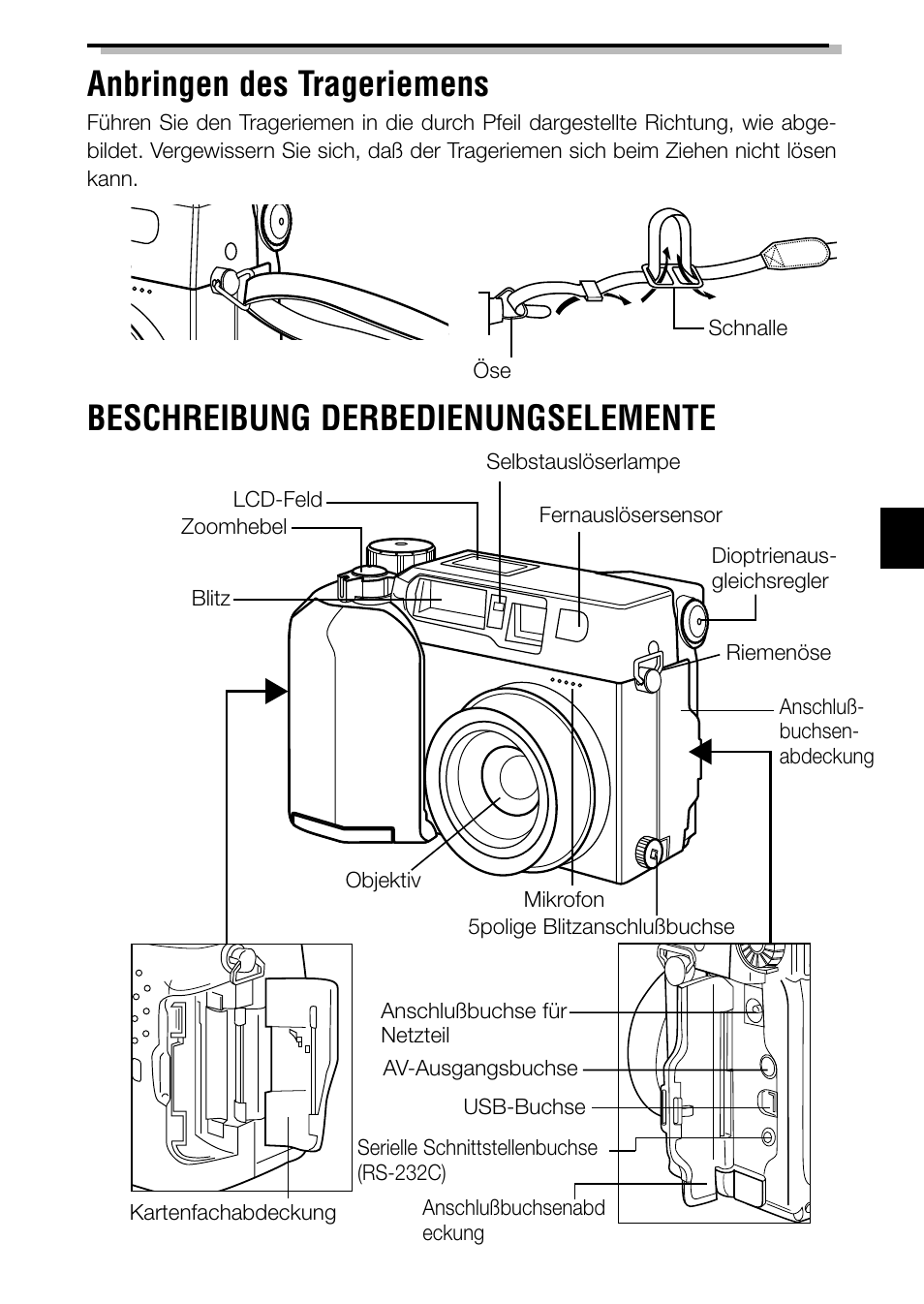 Kameragehäuse, Anbringen des trageriemens, Beschreibung derbedienungselemente | Olympus C-3040ZOOM User Manual | Page 79 / 148