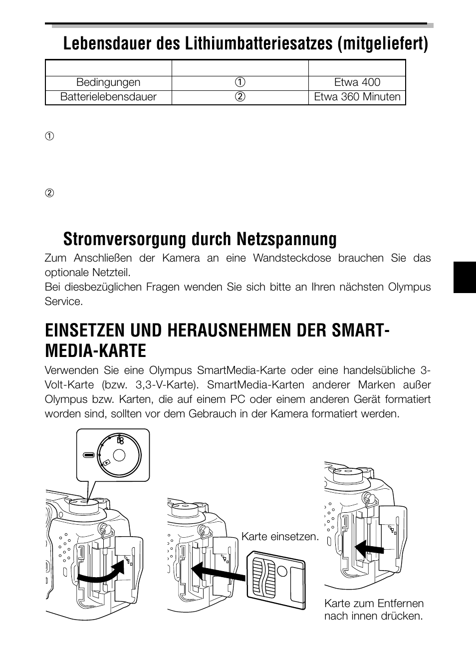 Einsetzen und herausnehmen der smart- media-karte | Olympus C-3040ZOOM User Manual | Page 85 / 148