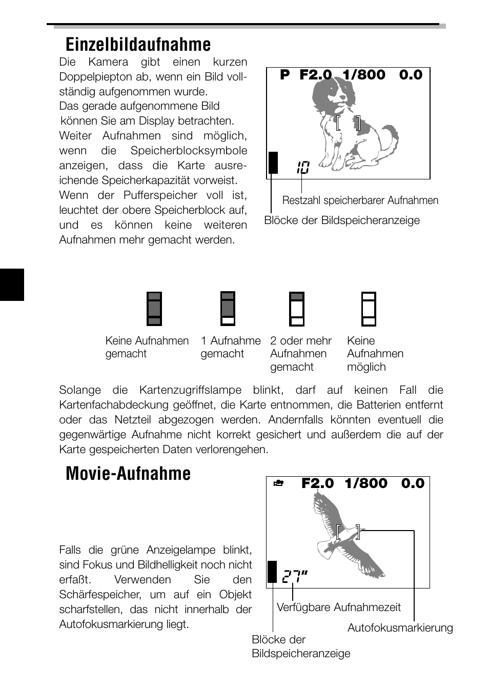 Einzelbildaufnahme, Movie-aufnahme | Olympus C-3040ZOOM User Manual | Page 92 / 148