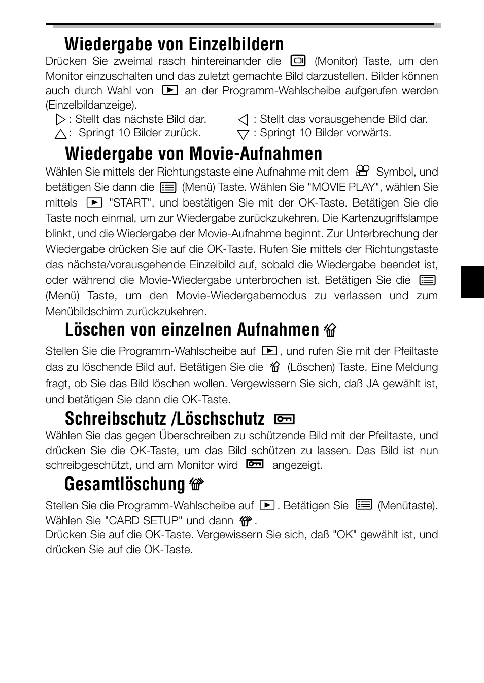 Wiedergabe von einzelbildern, Wiedergabe von movie-aufnahmen, Löschen von einzelnen aufnahmen | Schreibschutz /löschschutz, Gesamtlöschung | Olympus C-3040ZOOM User Manual | Page 93 / 148
