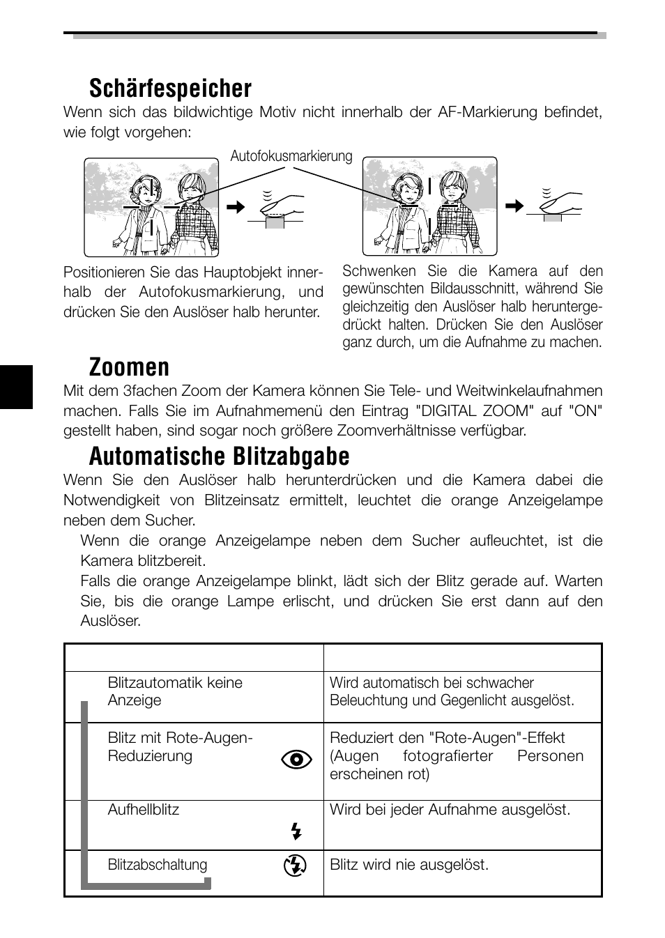 Aufnahmefunktionen ■ schärfespeicher, Zoomen, Automatische blitzabgabe | Olympus C-3040ZOOM User Manual | Page 94 / 148
