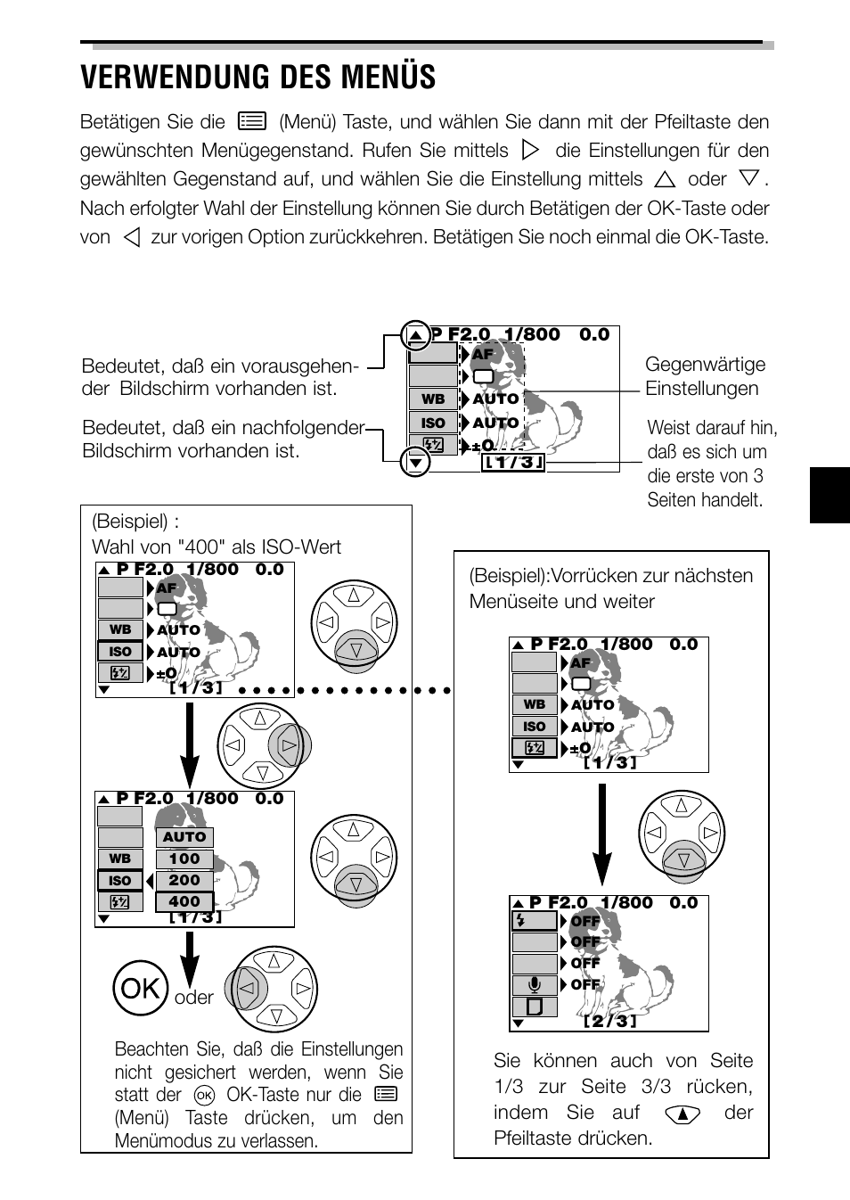 Verwendung des menüs, Wahl bestätigen oder | Olympus C-3040ZOOM User Manual | Page 97 / 148