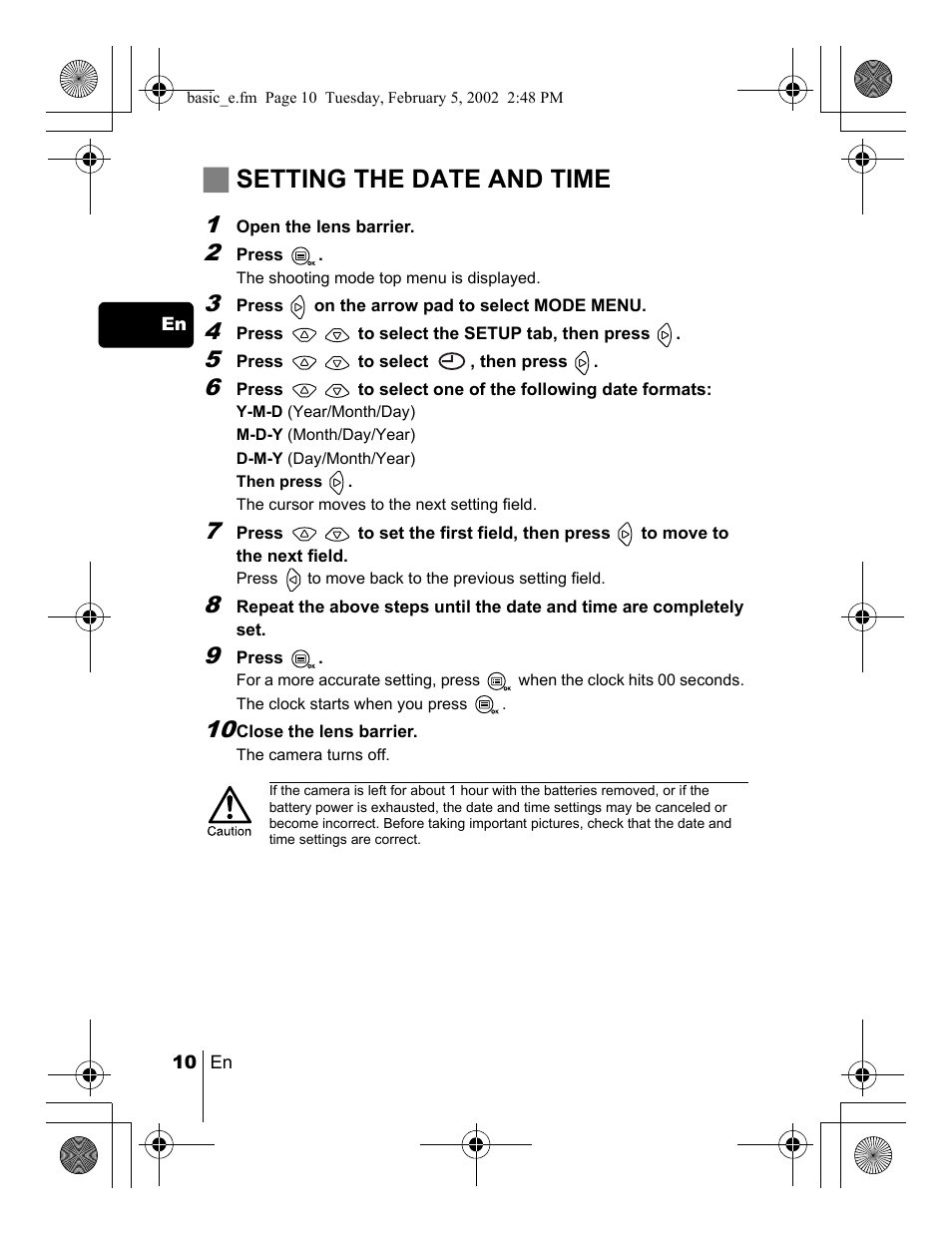 Jsetting the date and time | Olympus C-120 User Manual | Page 10 / 172